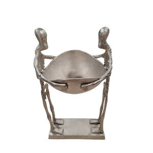 Halloween 15" Silver Matte Metal Elevated Skeleton Candy Bowl‎ Scary Holiday